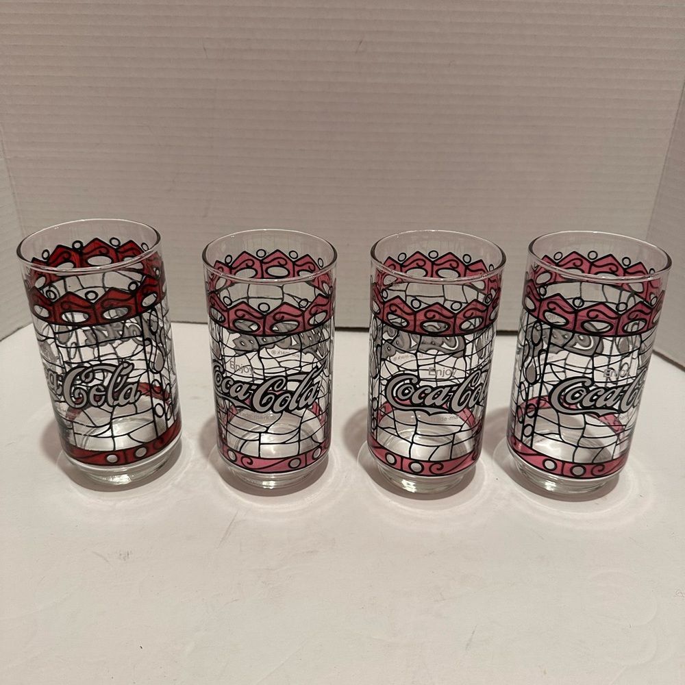 Vintage Tiffany Style Stained Glass 16 oz. Coca Cola Glasses Set of 4
